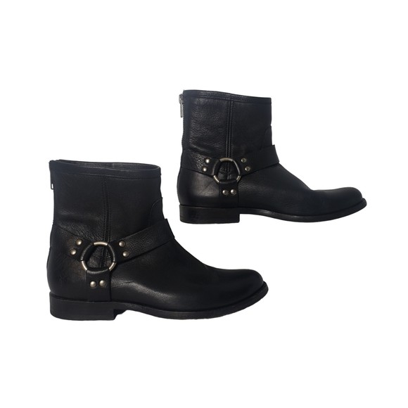 FRYE Phillip Harness Short Black Leather Ankle Boots Size 7 - Picture 8 of 9